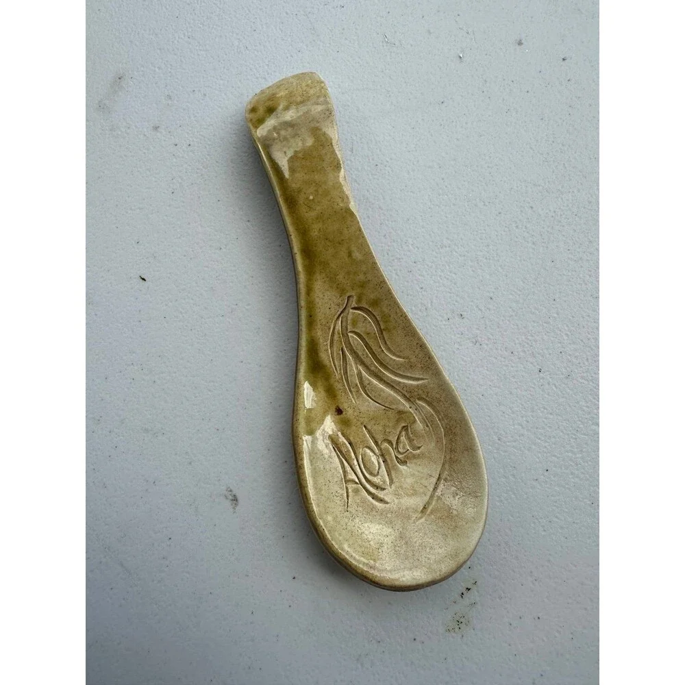 Handcrafted Aloha Tropical Engraved Ceramic Pottery Eclectic Spoon Rest